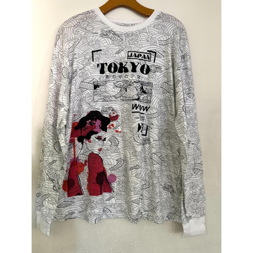 Original Gravity Shirt Mens XL White Tokyo Japan Graphic Long Sleeve Wave Print